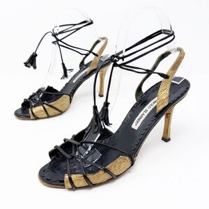 Manolo Blahnik Strappy Lace Up Tassel Heel Sandals Womens Size EU 37